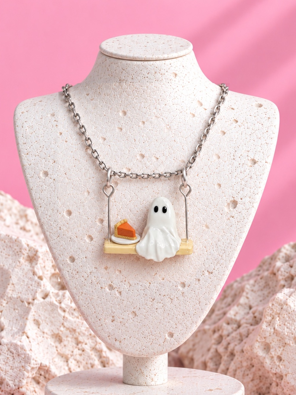 Swinging Ghostie with Pumpkin Pie — Fall — Handmade Necklace